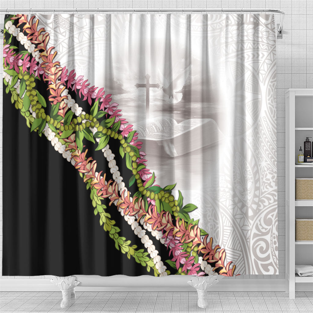 Hawaii Mokihana Mix Pikake Leis Mahalo 'Olelo Shower Curtain White Tapa LT7 - Polynesian Pride