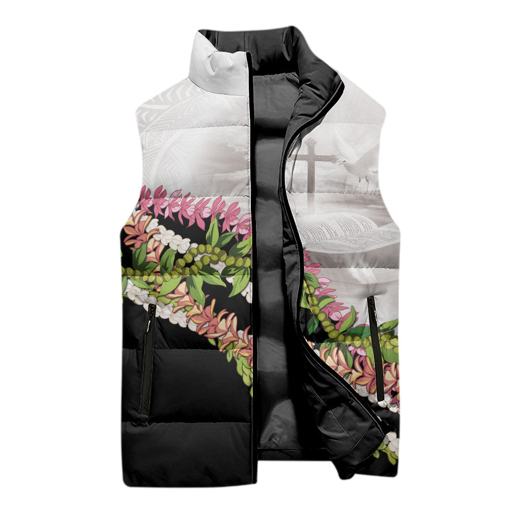 Hawaii Mokihana Mix Pikake Leis Mahalo 'Olelo Sleeveless Puffer Jacket White Tapa LT7 - Polynesian Pride