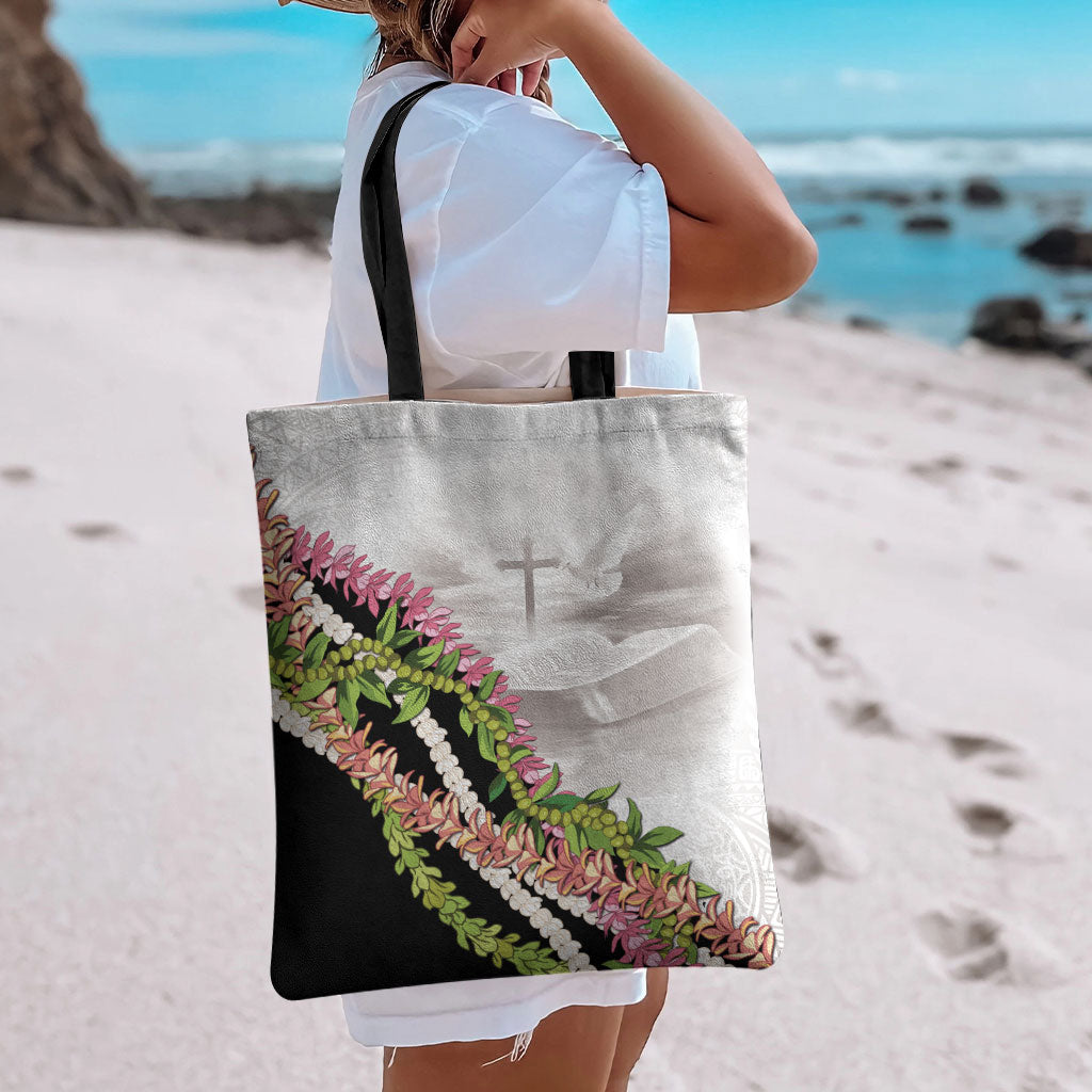Hawaii Mokihana Mix Pikake Leis Mahalo 'Olelo Tote Bag White Tapa LT7 - Polynesian Pride