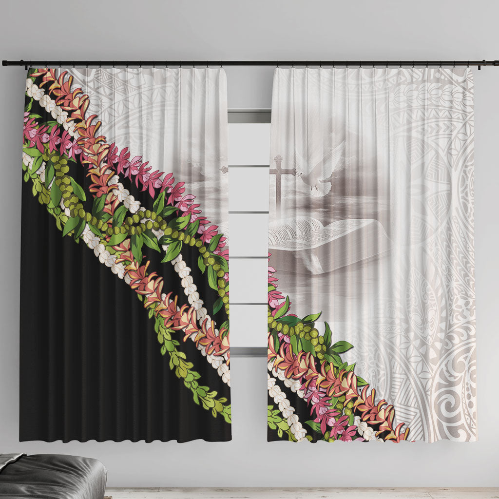 Hawaii Mokihana Mix Pikake Leis Mahalo 'Olelo Window Curtain White Tapa LT7 With Hooks White - Polynesian Pride
