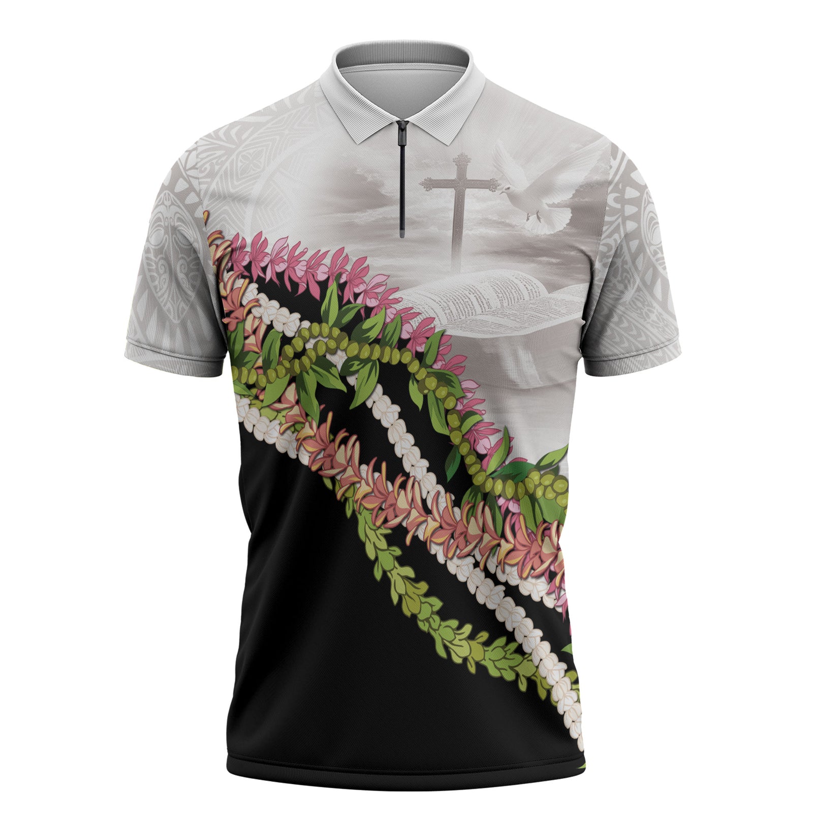 Hawaii Mokihana Mix Pikake Leis Mahalo 'Olelo Zipper Polo Shirt White Tapa LT7 White - Polynesian Pride