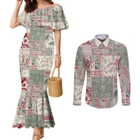 Aloha Hawaii Pastel Christmas Patchwork Couples Matching Mermaid Dress and Long Sleeve Button Shirt Classic Style - Polynesian Pride