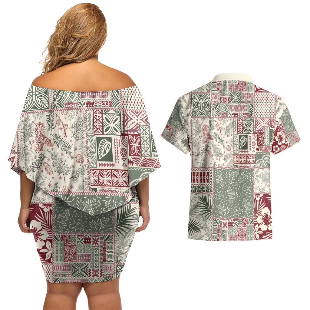 Aloha Hawaii Pastel Christmas Patchwork Couples Matching Off Shoulder Short Dress and Hawaiian Shirt Classic Style - Polynesian Pride