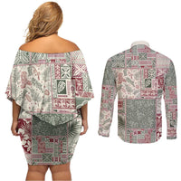 Aloha Hawaii Pastel Christmas Patchwork Couples Matching Off Shoulder Short Dress and Long Sleeve Button Shirt Classic Style - Polynesian Pride