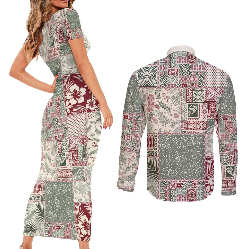 Aloha Hawaii Pastel Christmas Patchwork Couples Matching Short Sleeve Bodycon Dress and Long Sleeve Button Shirt Classic Style - Polynesian Pride