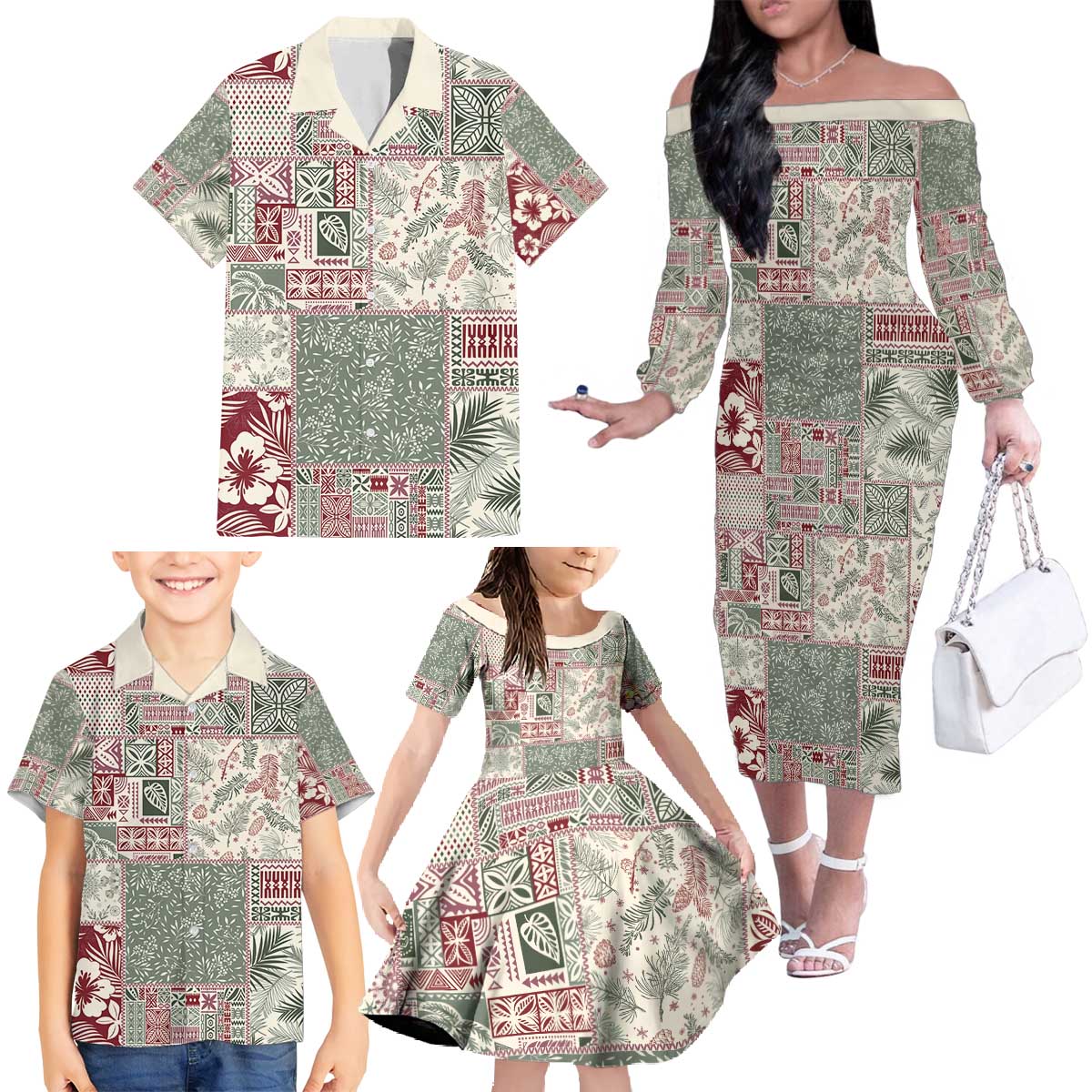 Aloha Hawaii Pastel Christmas Patchwork Family Matching Off The Shoulder Long Sleeve Dress and Hawaiian Shirt Classic Style - Polynesian Pride