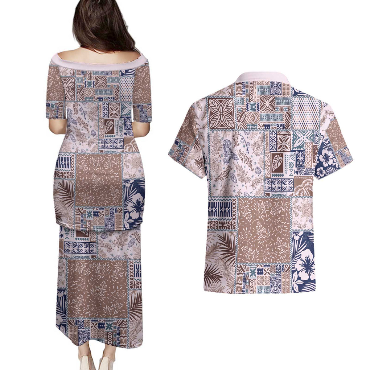 Aloha Hawaii Pastel Christmas Patchwork Couples Matching Puletasi and Hawaiian Shirt Rustic Style - Polynesian Pride