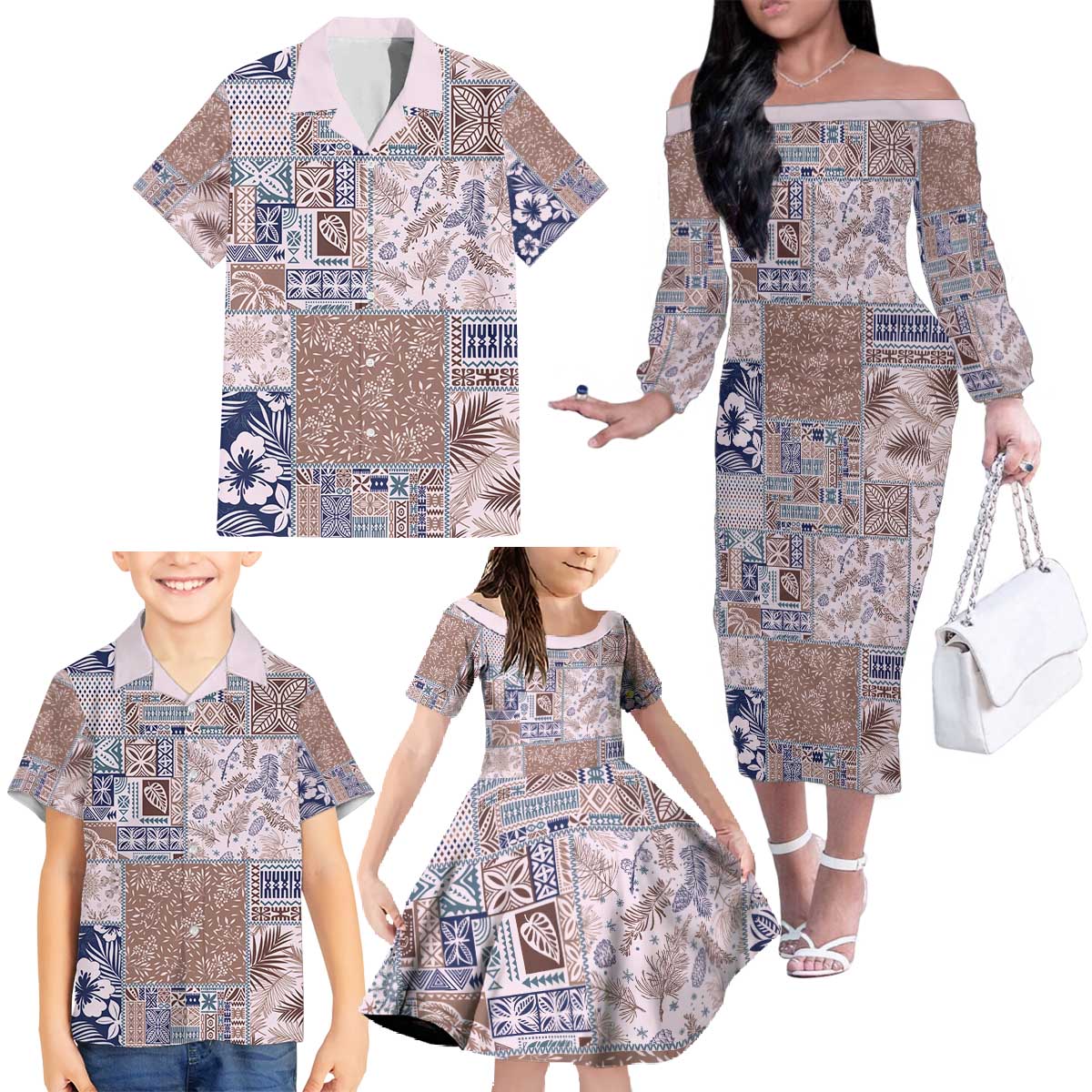 Aloha Hawaii Pastel Christmas Patchwork Family Matching Off The Shoulder Long Sleeve Dress and Hawaiian Shirt Rustic Style - Polynesian Pride