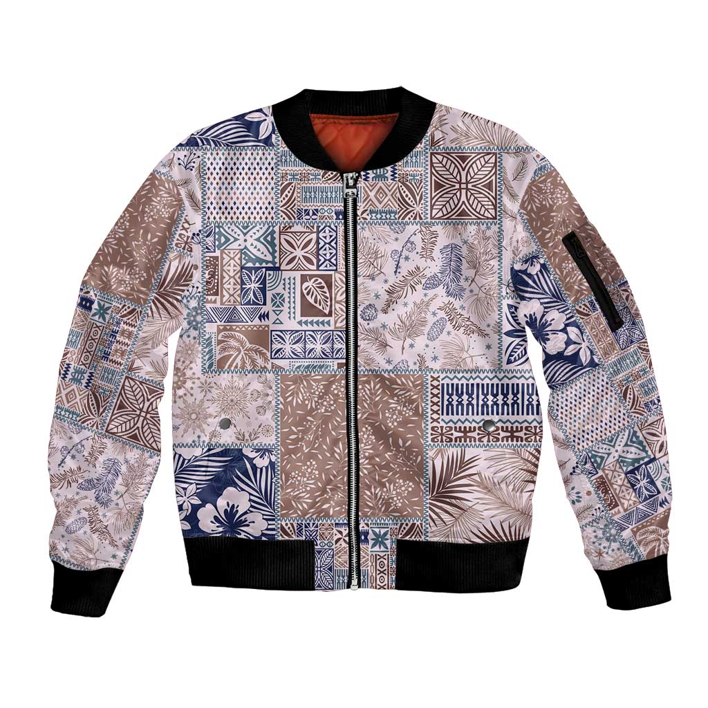 Aloha Hawaii Pastel Christmas Patchwork Sleeve Zip Bomber Jacket Rustic Style LT7 Unisex Beige - Polynesian Pride