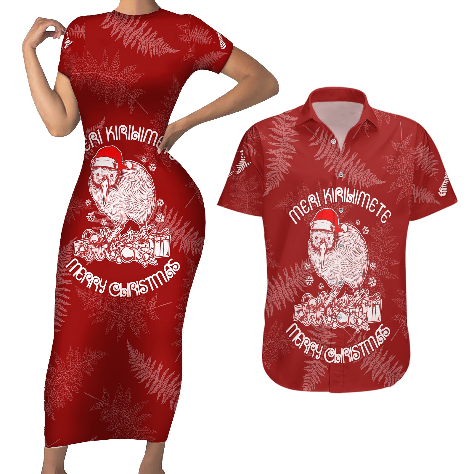 New Zealand Christmas Couples Matching Short Sleeve Bodycon Dress and Hawaiian Shirt Silver Fern Mix Kiwi Bird Ver01 LT7 Red - Polynesian Pride