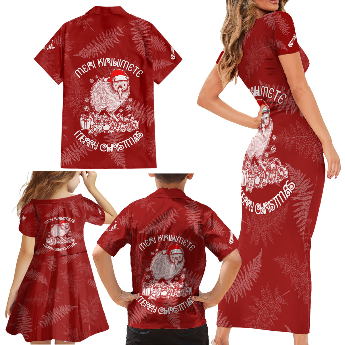 New Zealand Christmas Family Matching Short Sleeve Bodycon Dress and Hawaiian Shirt Silver Fern Mix Kiwi Bird Ver01 LT7 - Polynesian Pride