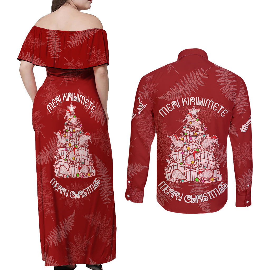 New Zealand Christmas Couples Matching Off Shoulder Maxi Dress and Long Sleeve Button Shirts Silver Fern Mix Kiwi Bird Ver02 LT7 - Polynesian Pride