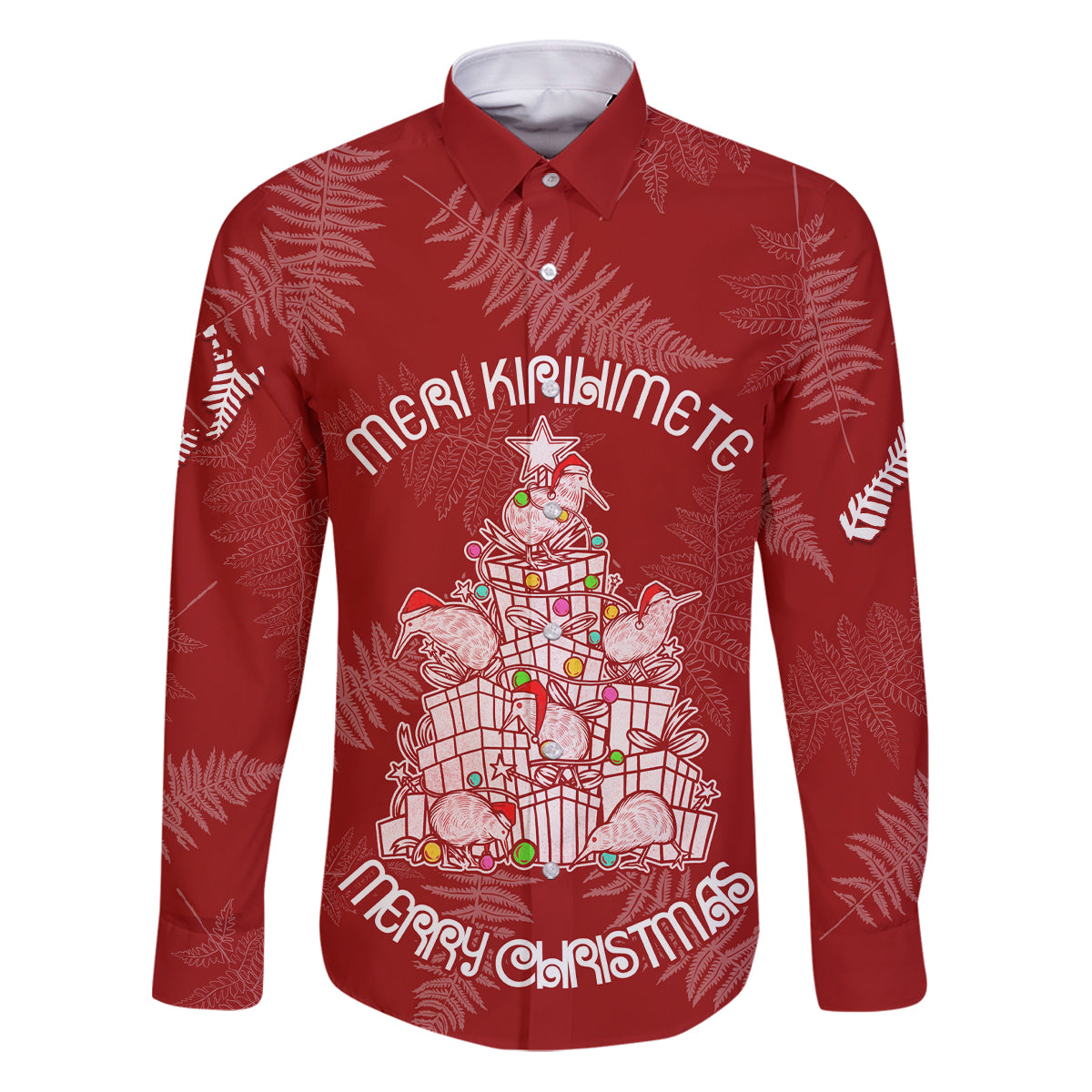 New Zealand Christmas Family Matching Puletasi Dress and Hawaiian Shirt Silver Fern Mix Kiwi Bird Ver02 LT7 Dad's Shirt - Long Sleeve Red - Polynesian Pride