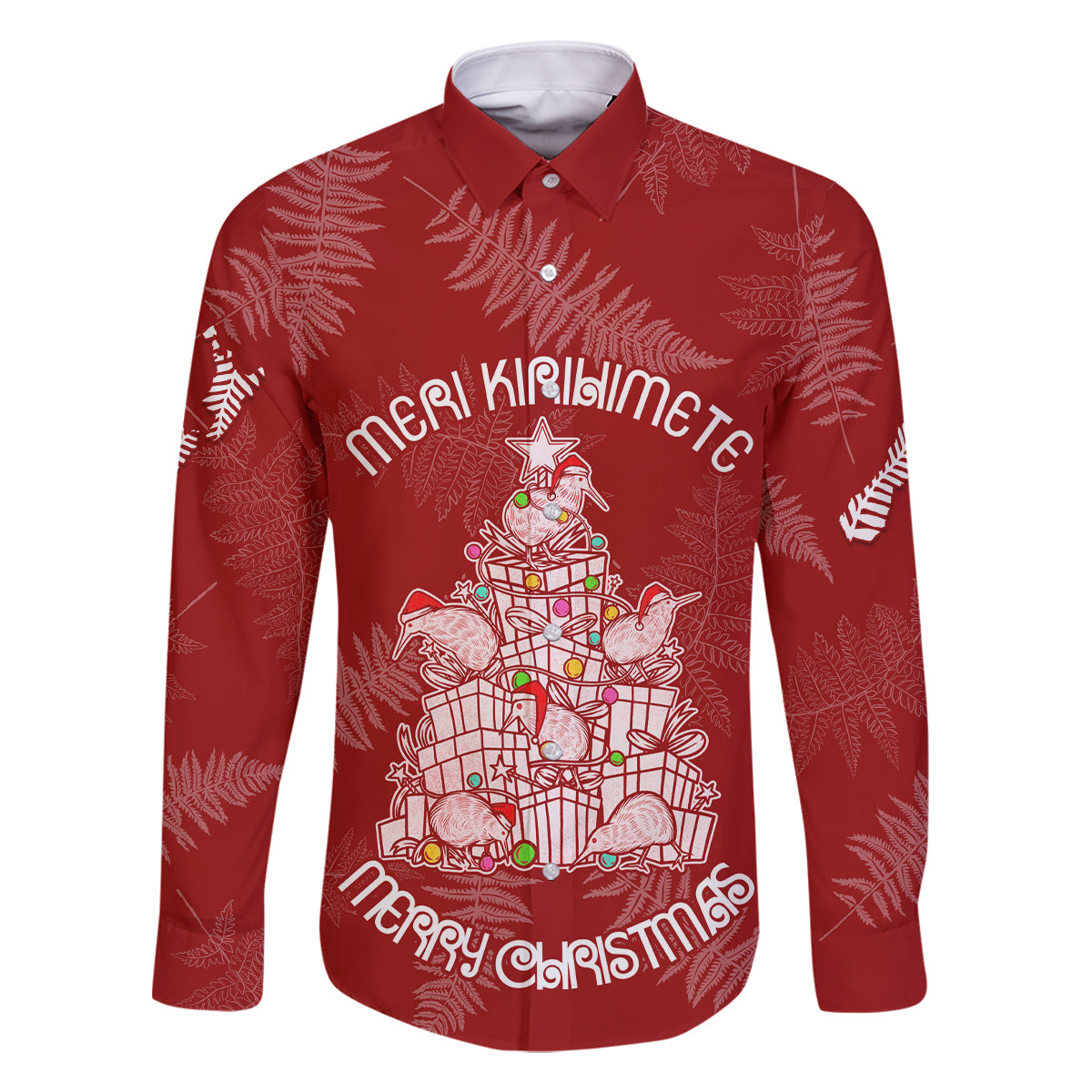 New Zealand Christmas Family Matching Tank Maxi Dress and Hawaiian Shirt Silver Fern Mix Kiwi Bird Ver02 LT7 Dad's Shirt - Long Sleeve Red - Polynesian Pride