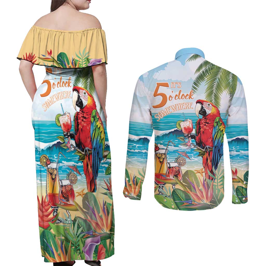 Aloha Hawaii Christmas Couples Matching Off Shoulder Maxi Dress and Long Sleeve Button Shirt It's 5 o'clock Somewhere