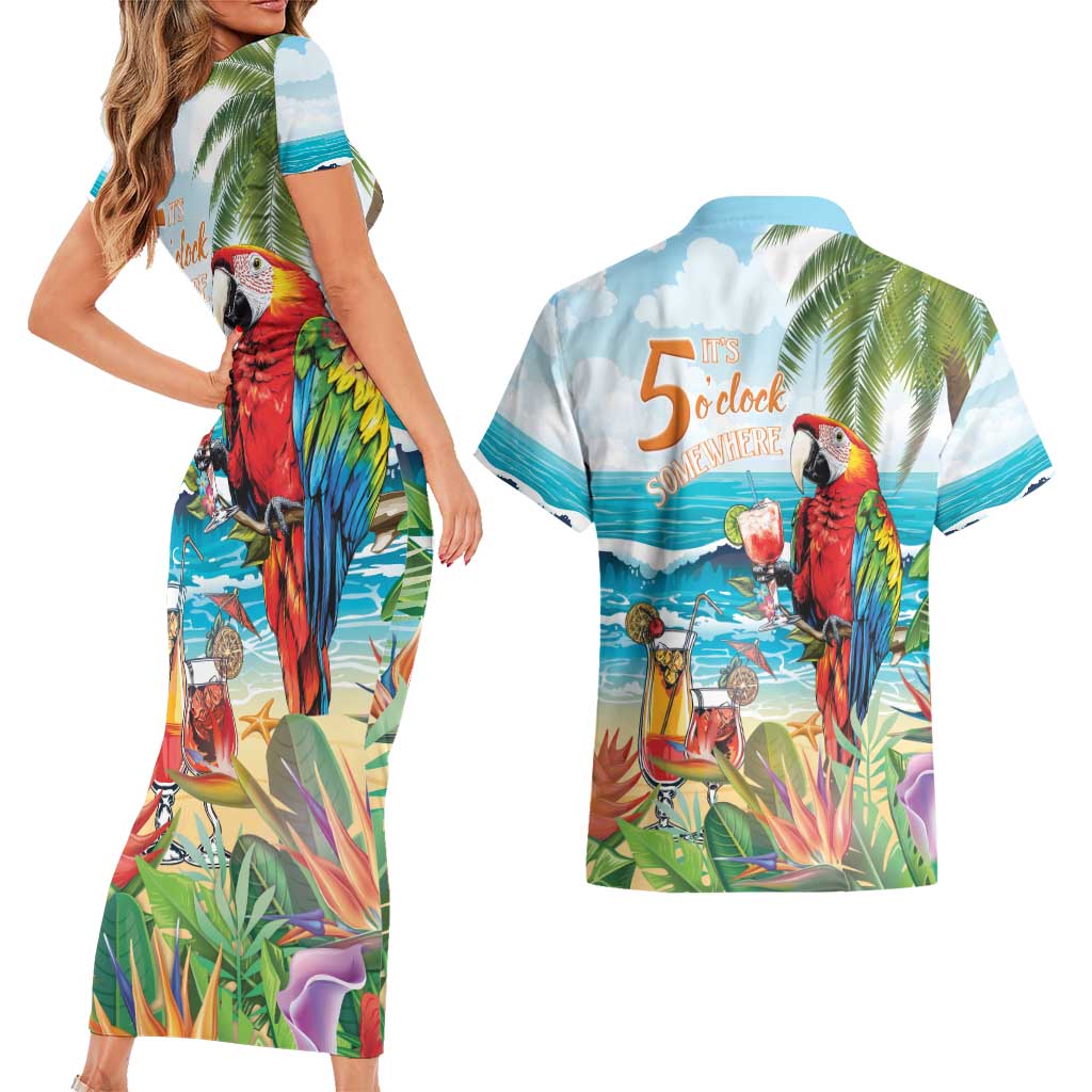 Aloha Hawaii Christmas Couples Matching Short Sleeve Bodycon Dress and Hawaiian Shirt It's 5 o'clock Somewhere