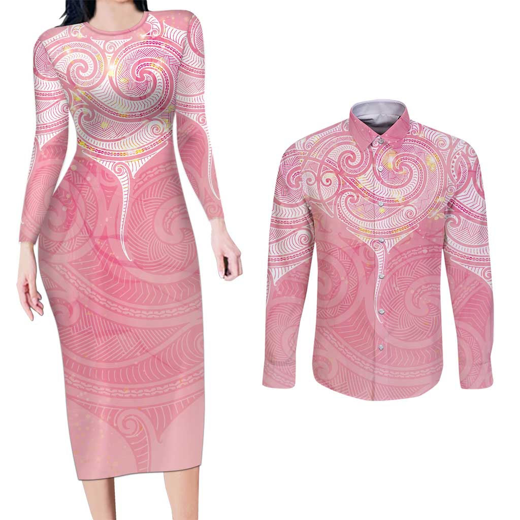 Breast Cancer Awareness Maori Aotearoa Couples Matching Long Sleeve Bodycon Dress and Long Sleeve Button Shirt Manta Ray - Pink Glaze - Polynesian Pride
