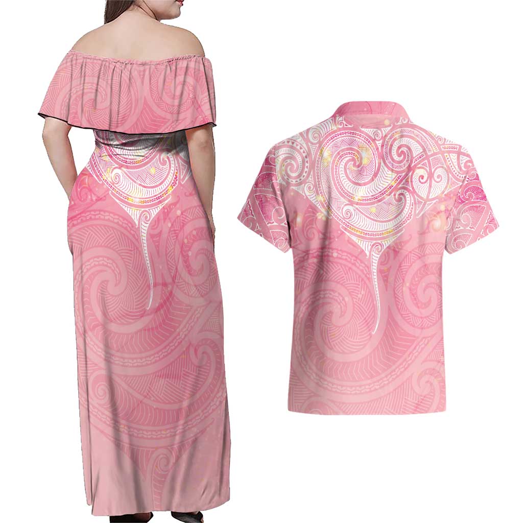 Breast Cancer Awareness Maori Aotearoa Couples Matching Off Shoulder Maxi Dress and Hawaiian Shirt Manta Ray - Pink Glaze - Polynesian Pride
