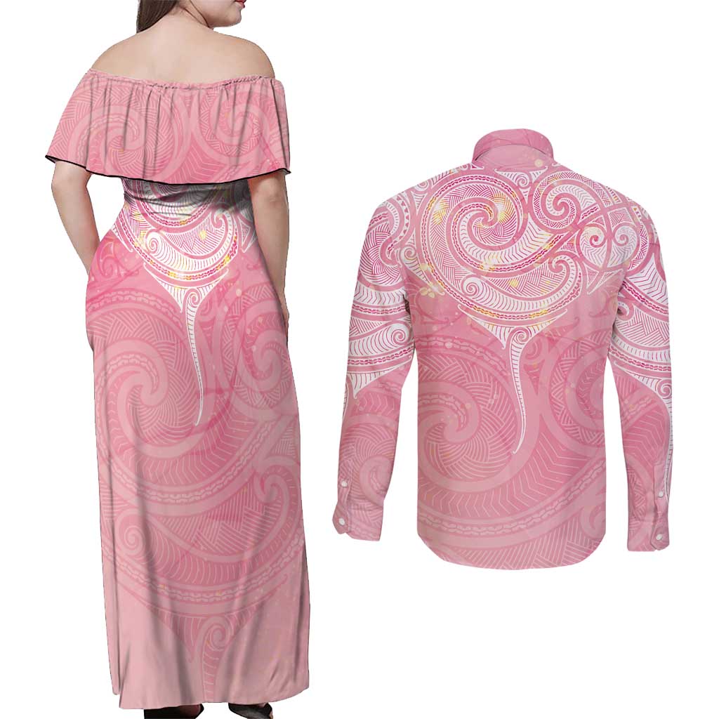 Breast Cancer Awareness Maori Aotearoa Couples Matching Off Shoulder Maxi Dress and Long Sleeve Button Shirt Manta Ray - Pink Glaze - Polynesian Pride