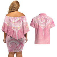 Breast Cancer Awareness Maori Aotearoa Couples Matching Off Shoulder Short Dress and Hawaiian Shirt Manta Ray - Pink Glaze - Polynesian Pride