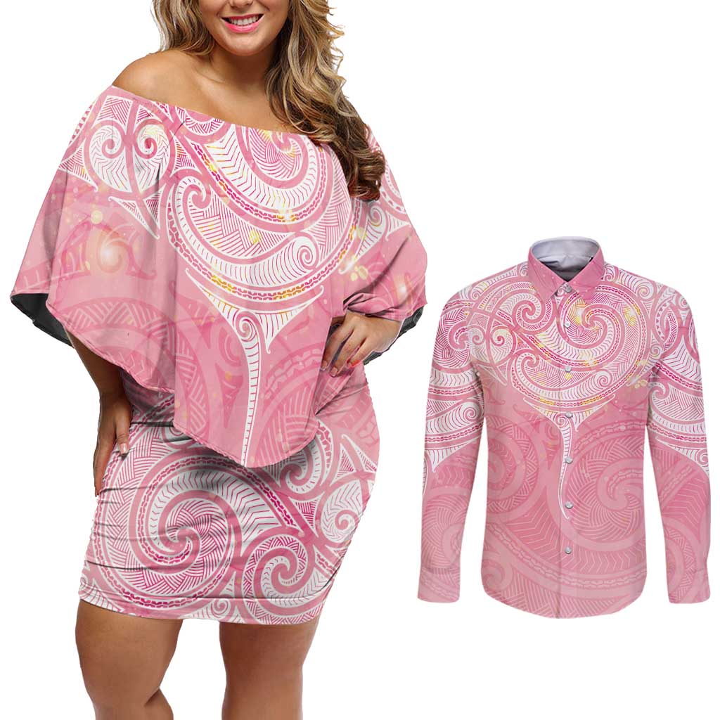 Breast Cancer Awareness Maori Aotearoa Couples Matching Off Shoulder Short Dress and Long Sleeve Button Shirt Manta Ray - Pink Glaze - Polynesian Pride