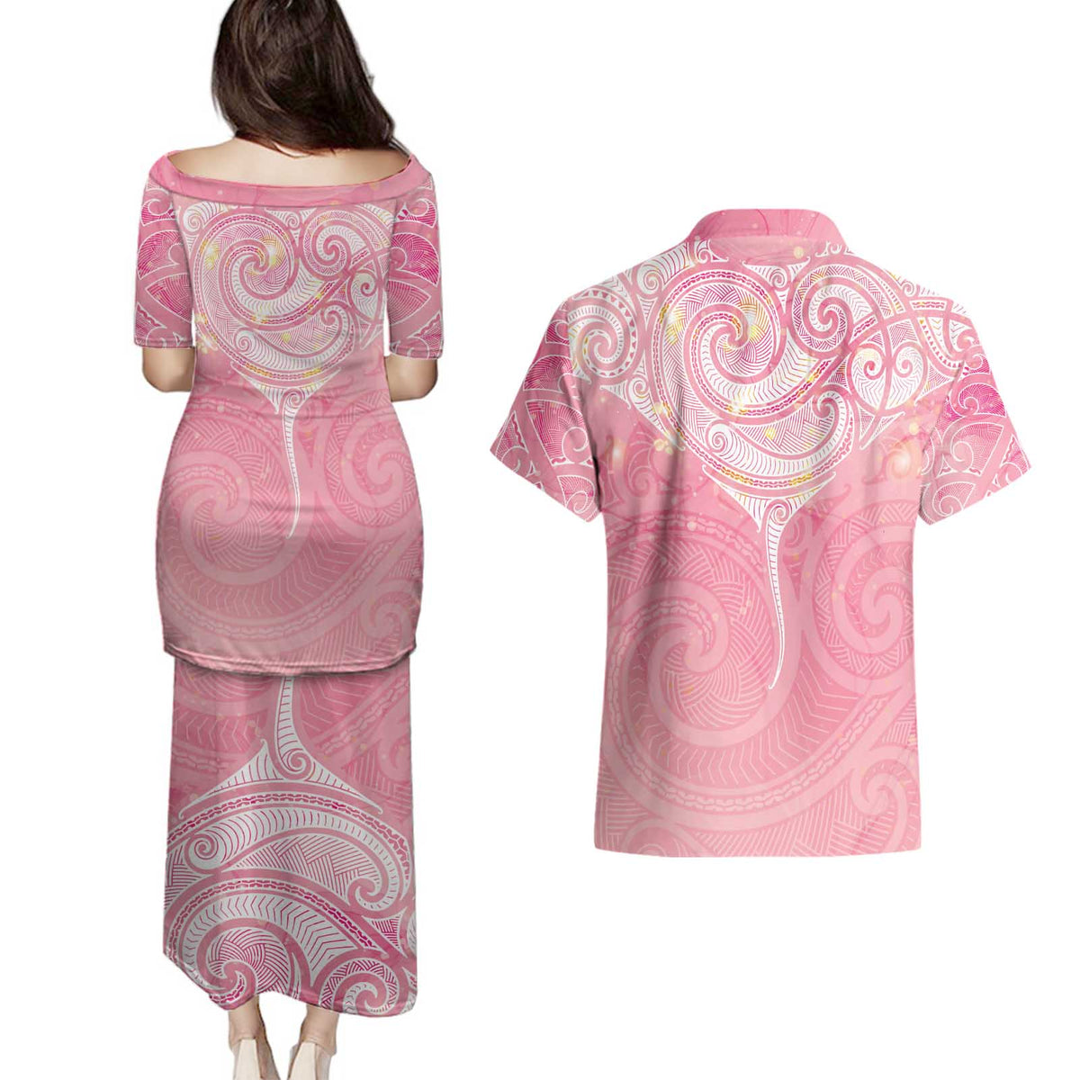Breast Cancer Awareness Maori Aotearoa Couples Matching Puletasi and Hawaiian Shirt Manta Ray - Pink Glaze - Polynesian Pride