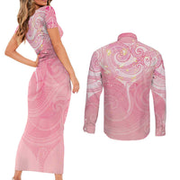 Breast Cancer Awareness Maori Aotearoa Couples Matching Short Sleeve Bodycon Dress and Long Sleeve Button Shirt Manta Ray - Pink Glaze - Polynesian Pride
