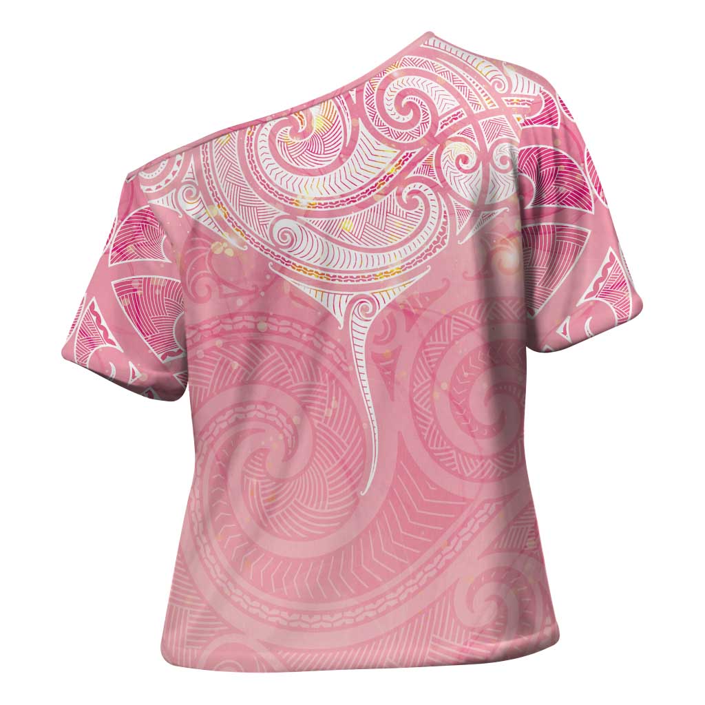 Breast Cancer Awareness Maori Aotearoa Cross Shoulder Shirt Manta Ray - Pink Glaze LT7 - Polynesian Pride