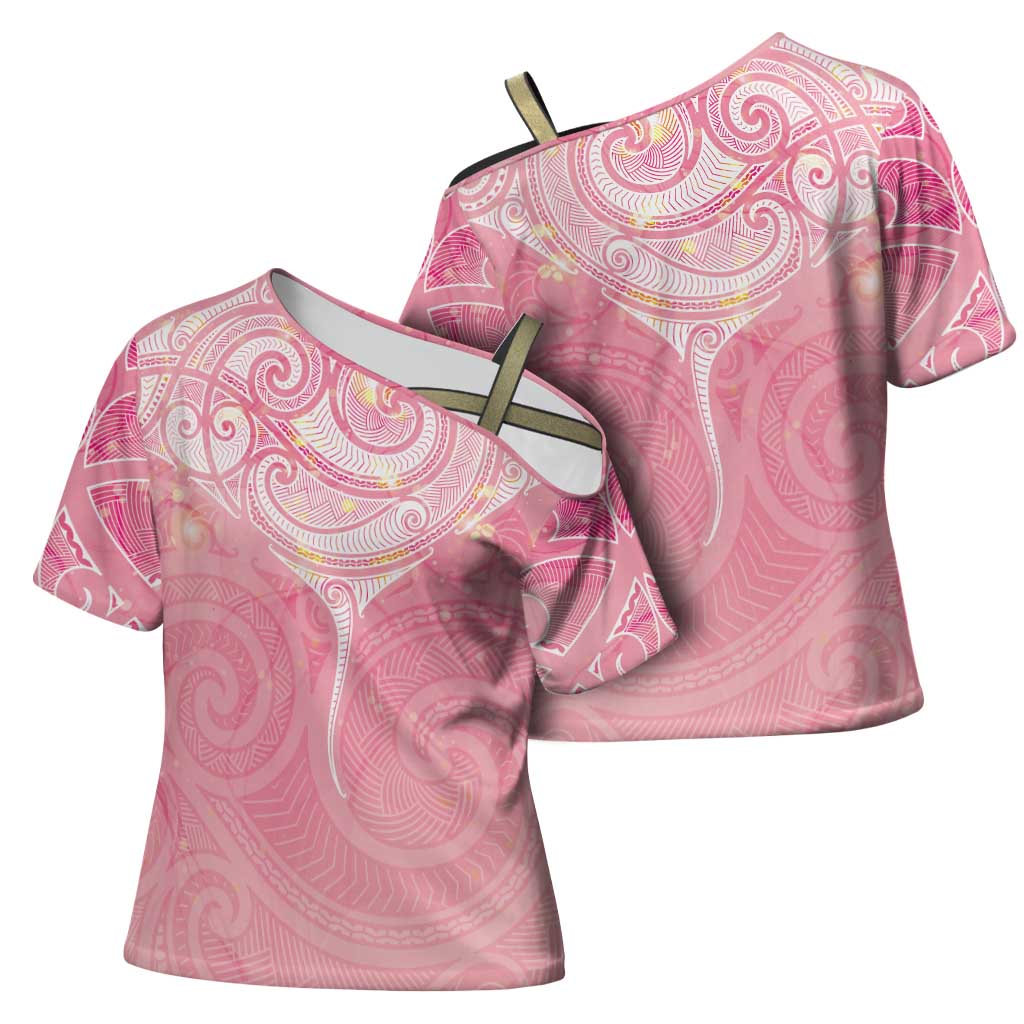 Breast Cancer Awareness Maori Aotearoa Cross Shoulder Shirt Manta Ray - Pink Glaze LT7 - Polynesian Pride