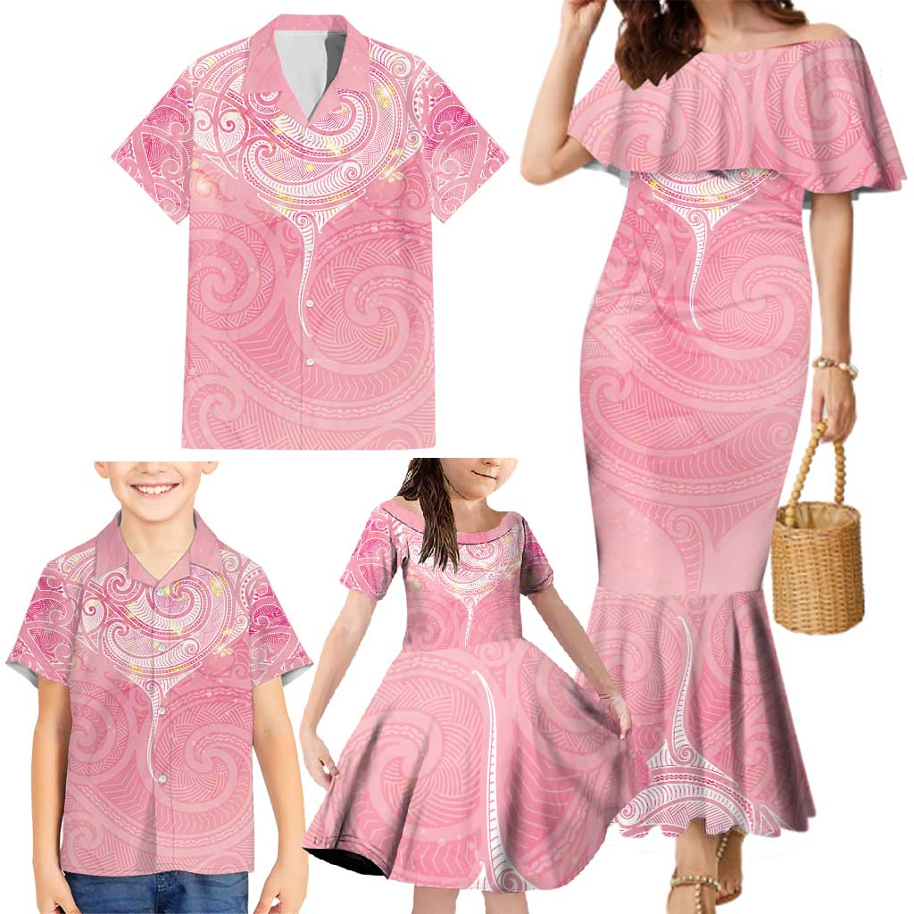 Breast Cancer Awareness Maori Aotearoa Family Matching Mermaid Dress and Hawaiian Shirt Manta Ray - Pink Glaze - Polynesian Pride