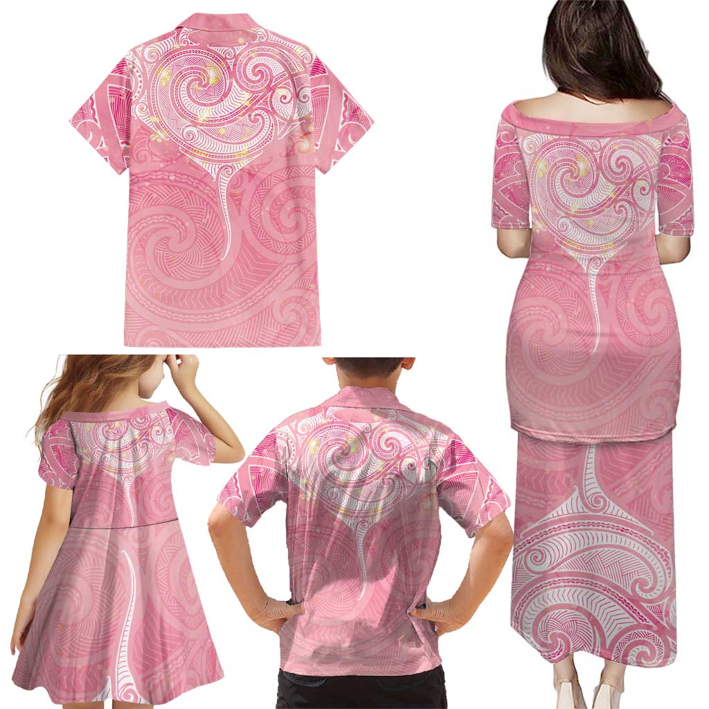 Breast Cancer Awareness Maori Aotearoa Family Matching Puletasi and Hawaiian Shirt Manta Ray - Pink Glaze LT7 - Polynesian Pride