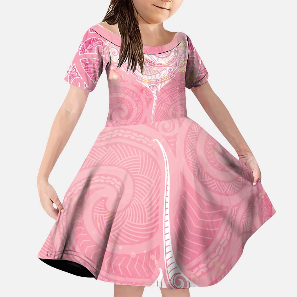 Breast Cancer Awareness Maori Aotearoa Family Matching Short Sleeve Bodycon Dress and Hawaiian Shirt Manta Ray - Pink Glaze LT7 Daughter's Dress Pink - Polynesian Pride
