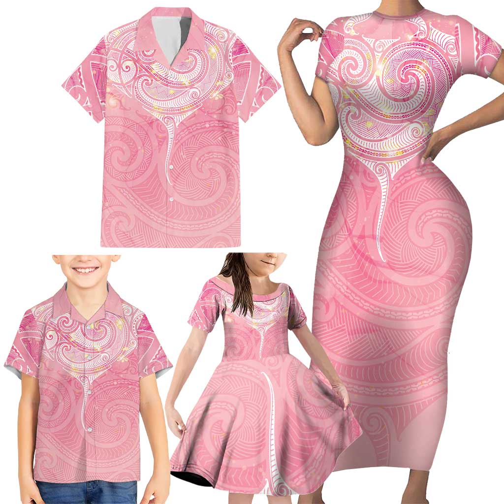 Breast Cancer Awareness Maori Aotearoa Family Matching Short Sleeve Bodycon Dress and Hawaiian Shirt Manta Ray - Pink Glaze LT7 - Polynesian Pride