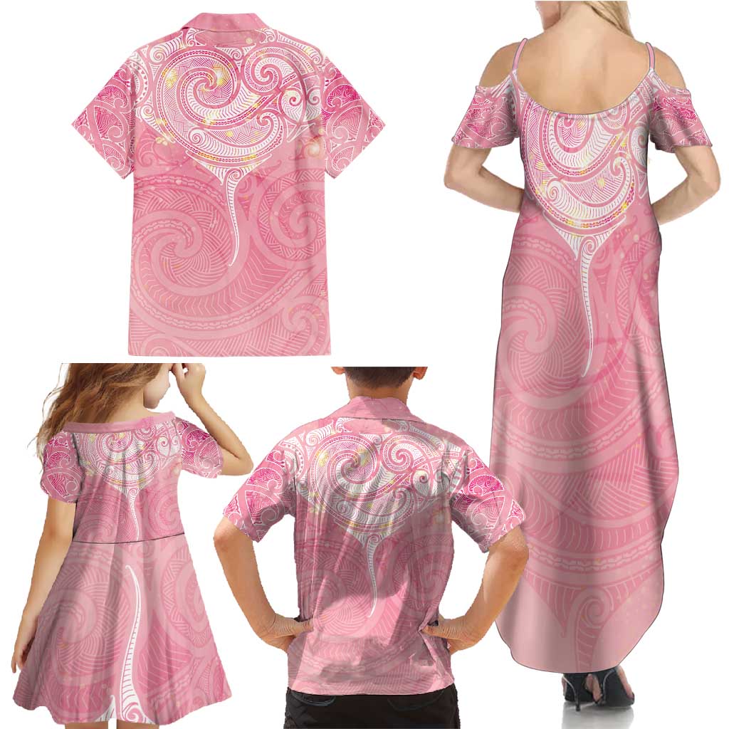 Breast Cancer Awareness Maori Aotearoa Family Matching Summer Maxi Dress and Hawaiian Shirt Manta Ray - Pink Glaze - Polynesian Pride