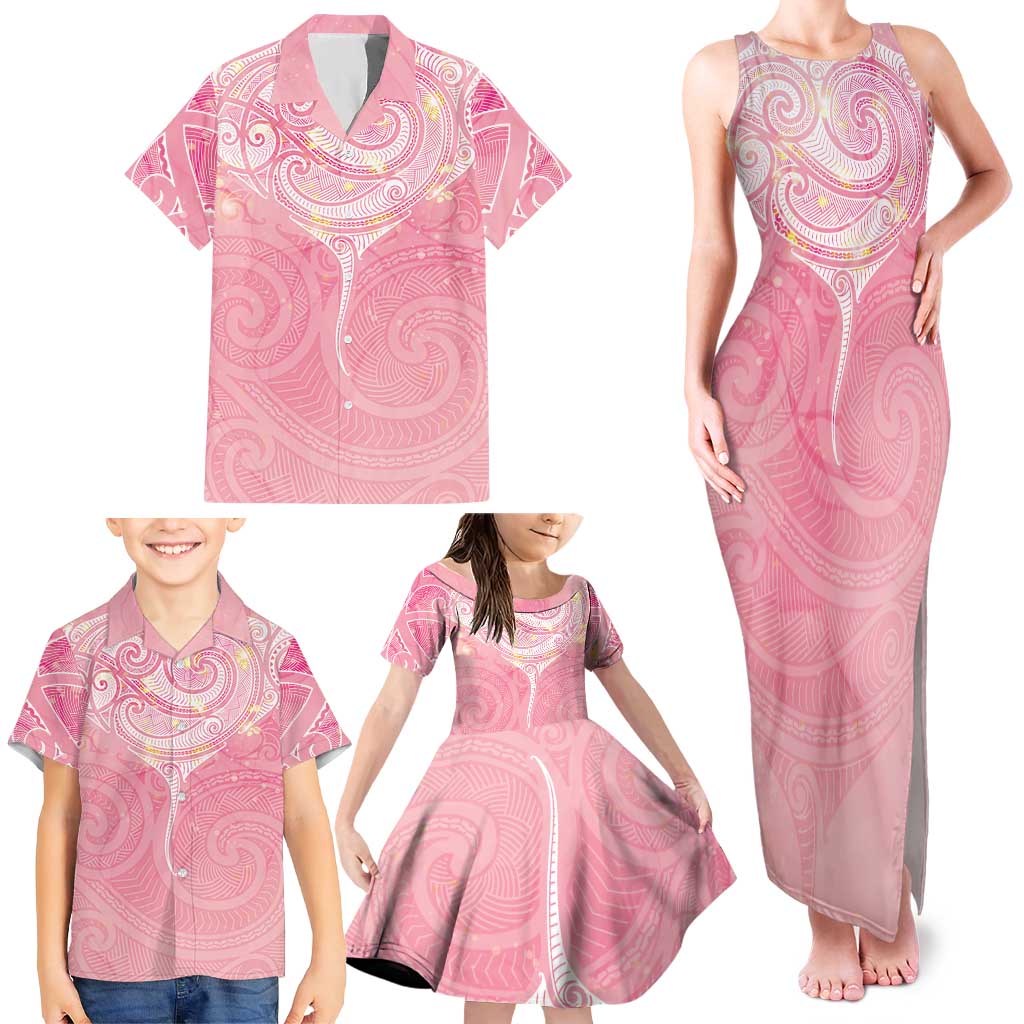 Breast Cancer Awareness Maori Aotearoa Family Matching Tank Maxi Dress and Hawaiian Shirt Manta Ray - Pink Glaze LT7 - Polynesian Pride