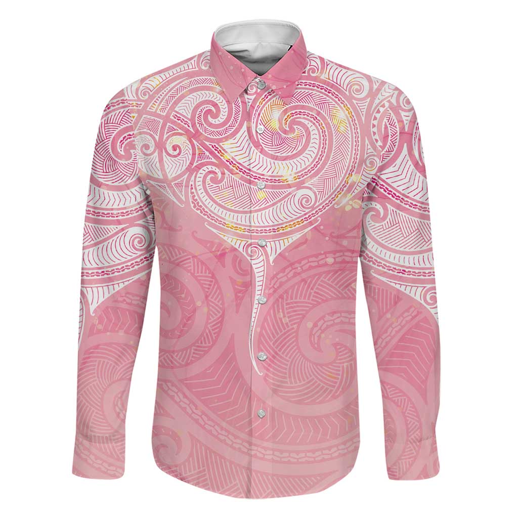 Breast Cancer Awareness Maori Aotearoa Family Matching Tank Maxi Dress and Hawaiian Shirt Manta Ray - Pink Glaze LT7 Dad's Shirt - Long Sleeve Pink - Polynesian Pride