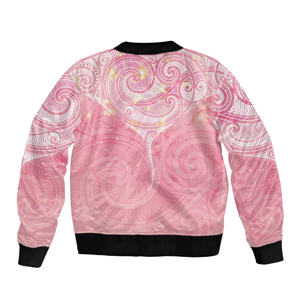 Breast Cancer Awareness Maori Aotearoa Sleeve Zip Bomber Jacket Manta Ray - Pink Glaze - Polynesian Pride