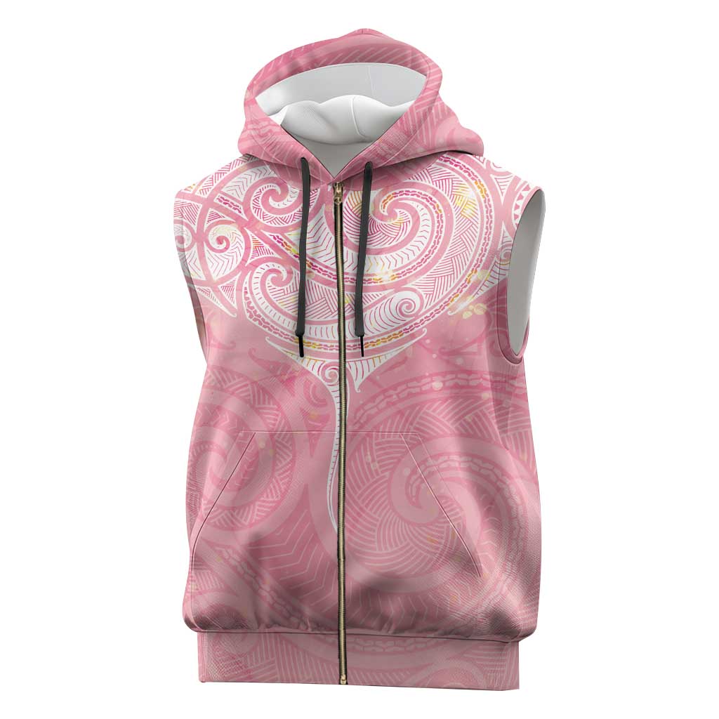 Breast Cancer Awareness Maori Aotearoa Sleeveless Zip Hoodie Manta Ray - Pink Glaze - Polynesian Pride