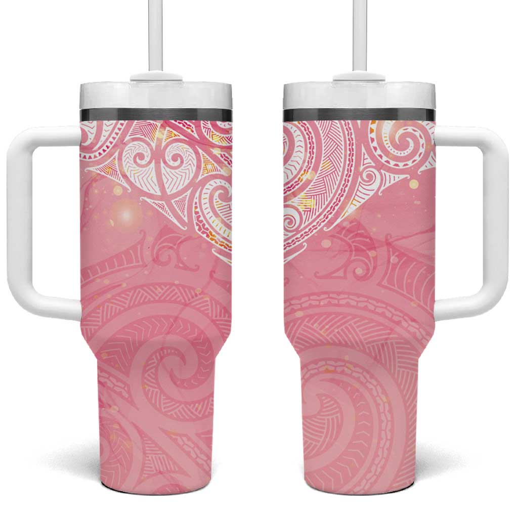 Breast Cancer Awareness Maori Aotearoa Tumbler With Handle Manta Ray - Pink Glaze - Polynesian Pride