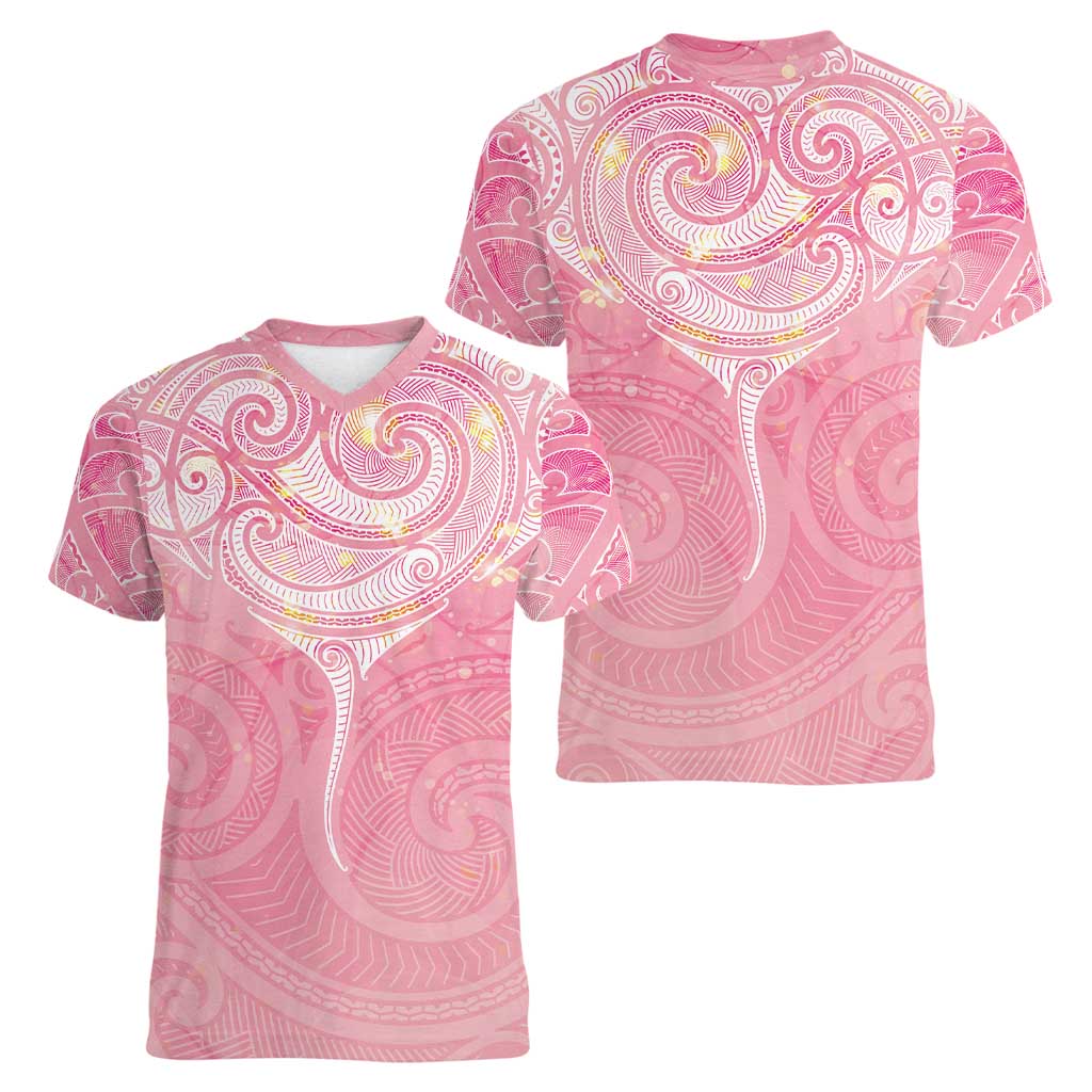 Breast Cancer Awareness Maori Aotearoa Women V-Neck T-Shirt Manta Ray - Pink Glaze - Polynesian Pride