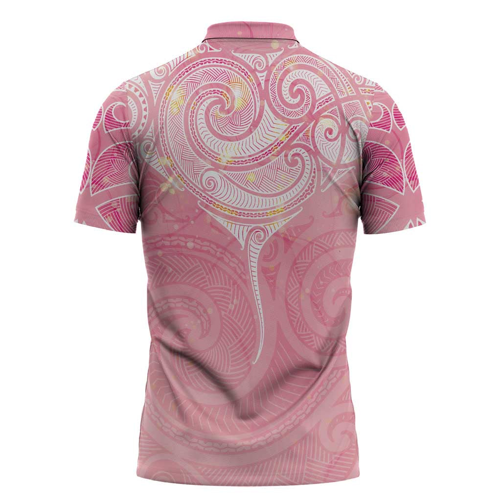 Breast Cancer Awareness Maori Aotearoa Zipper Polo Shirt Manta Ray - Pink Glaze - Polynesian Pride