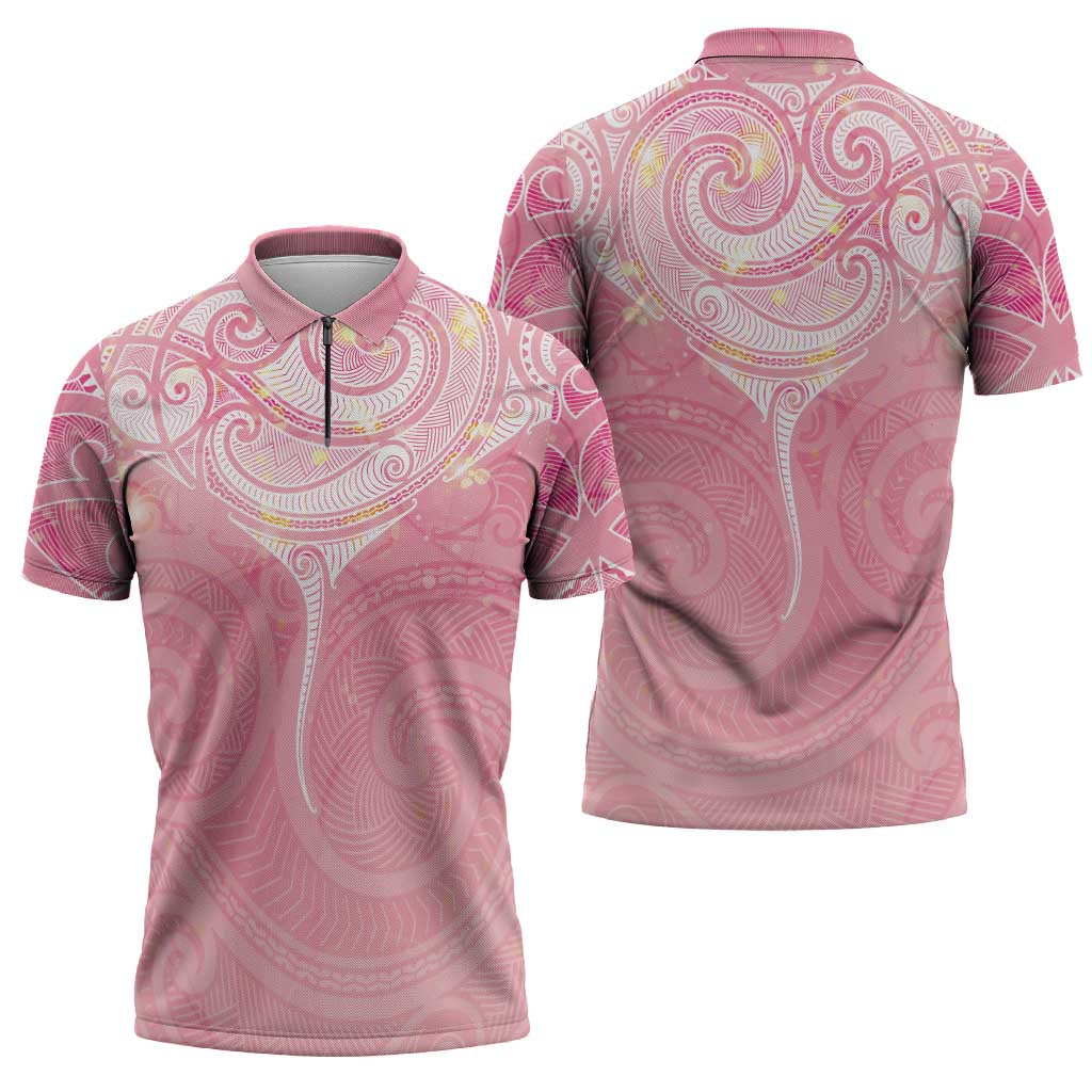 Breast Cancer Awareness Maori Aotearoa Zipper Polo Shirt Manta Ray - Pink Glaze - Polynesian Pride