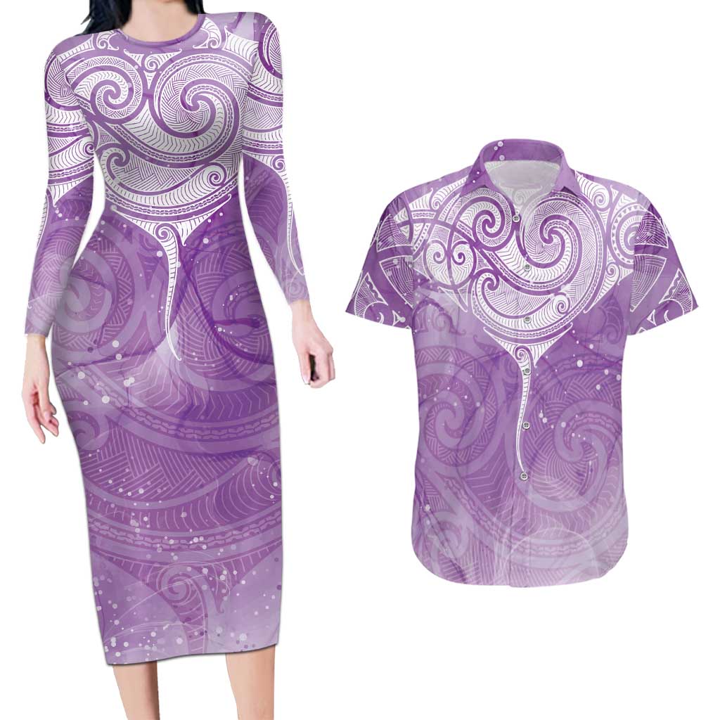 Epilepsy Awareness Maori Aotearoa Couples Matching Long Sleeve Bodycon Dress and Hawaiian Shirt Manta Ray - Purple Glaze LT7 Purple - Polynesian Pride