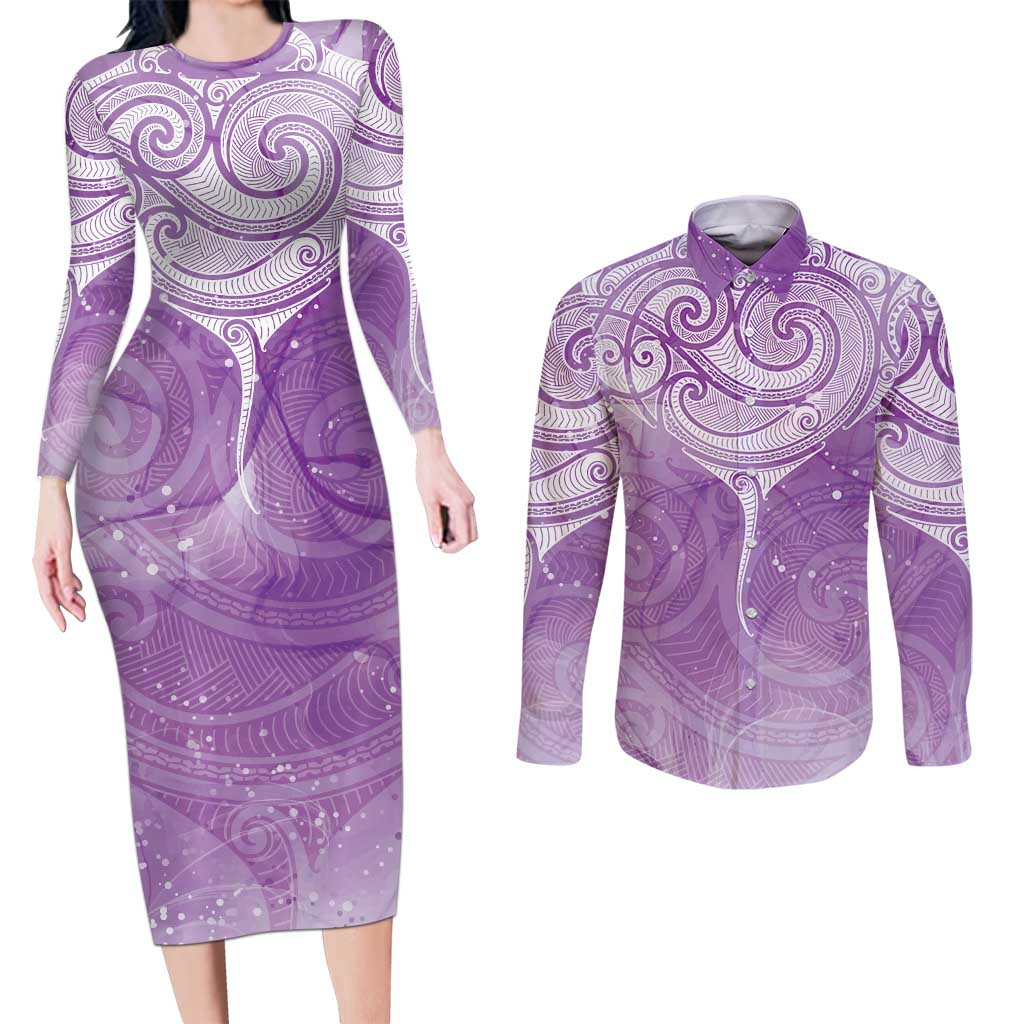 Epilepsy Awareness Maori Aotearoa Couples Matching Long Sleeve Bodycon Dress and Long Sleeve Button Shirt Manta Ray - Purple Glaze - Polynesian Pride