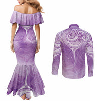 Epilepsy Awareness Maori Aotearoa Couples Matching Mermaid Dress and Long Sleeve Button Shirt Manta Ray - Purple Glaze - Polynesian Pride