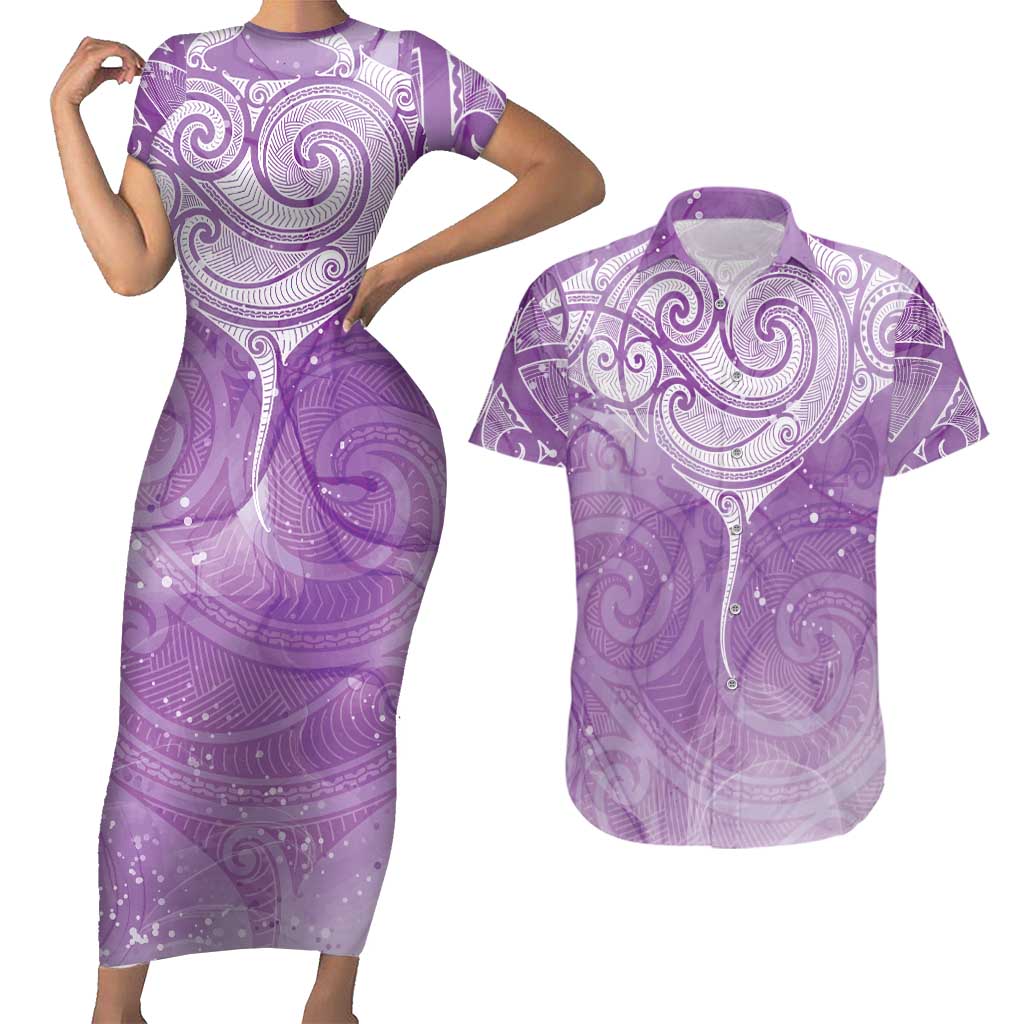 Epilepsy Awareness Maori Aotearoa Couples Matching Short Sleeve Bodycon Dress and Hawaiian Shirt Manta Ray - Purple Glaze - Polynesian Pride
