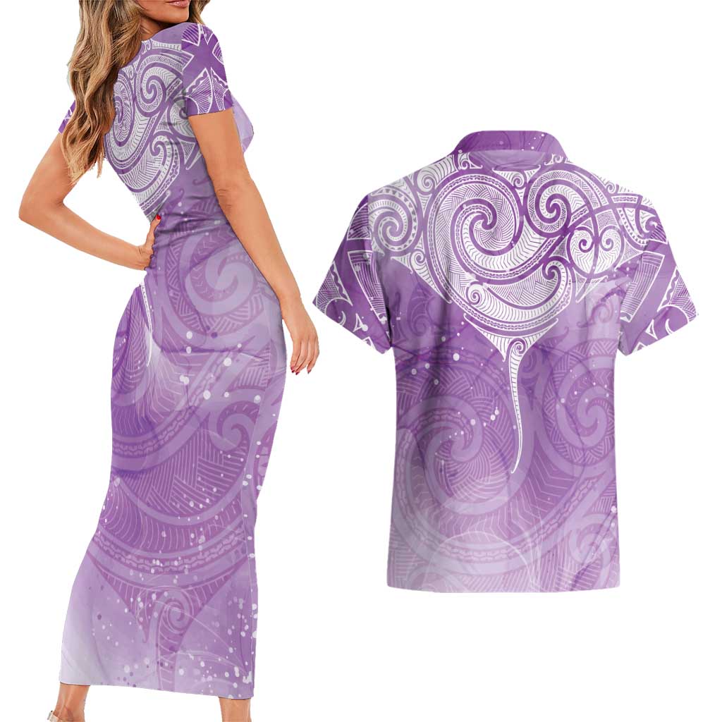 Epilepsy Awareness Maori Aotearoa Couples Matching Short Sleeve Bodycon Dress and Hawaiian Shirt Manta Ray - Purple Glaze - Polynesian Pride