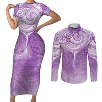 Epilepsy Awareness Maori Aotearoa Couples Matching Short Sleeve Bodycon Dress and Long Sleeve Button Shirt Manta Ray - Purple Glaze - Polynesian Pride