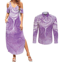 Epilepsy Awareness Maori Aotearoa Couples Matching Summer Maxi Dress and Long Sleeve Button Shirt Manta Ray - Purple Glaze - Polynesian Pride