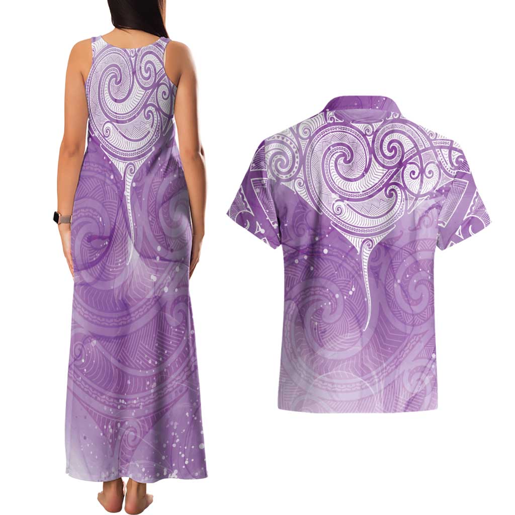 Epilepsy Awareness Maori Aotearoa Couples Matching Tank Maxi Dress and Hawaiian Shirt Manta Ray - Purple Glaze - Polynesian Pride